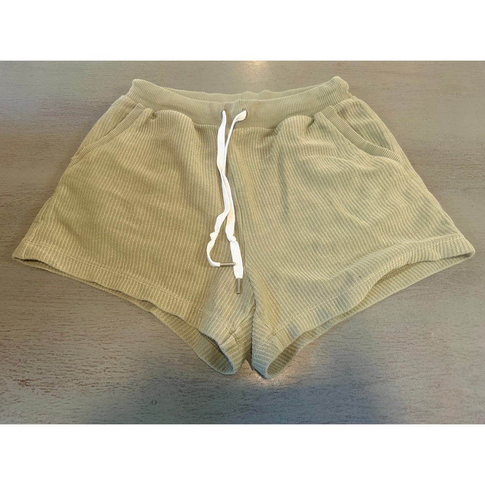 Aerie Ribbed Knit Lounge Shorts Olive Green Drawstring Pockets Size Medium